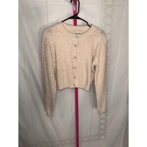 INDUSTRY Cream Fuzzy Cropped Cardigan Rhinestone Button Cozy Knit‎ L G